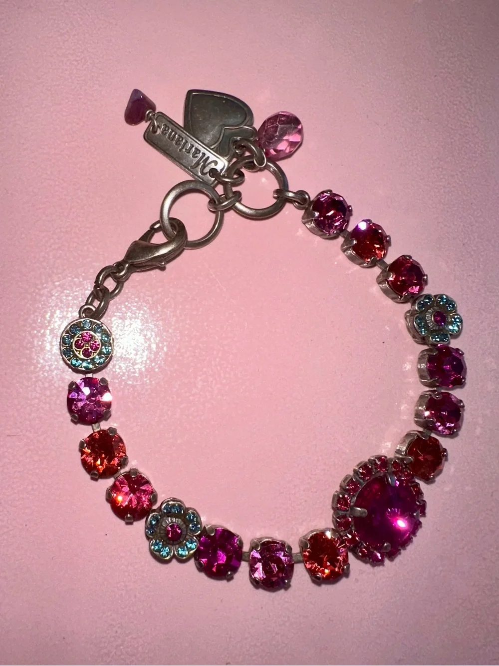 Mariana Rivoli Center Pink Crystal Bracelet with aquamarine flower clusters